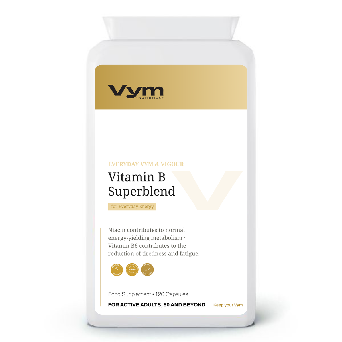 Vym Vitamin B Superblend capsules, 120-count, for energy and fatigue